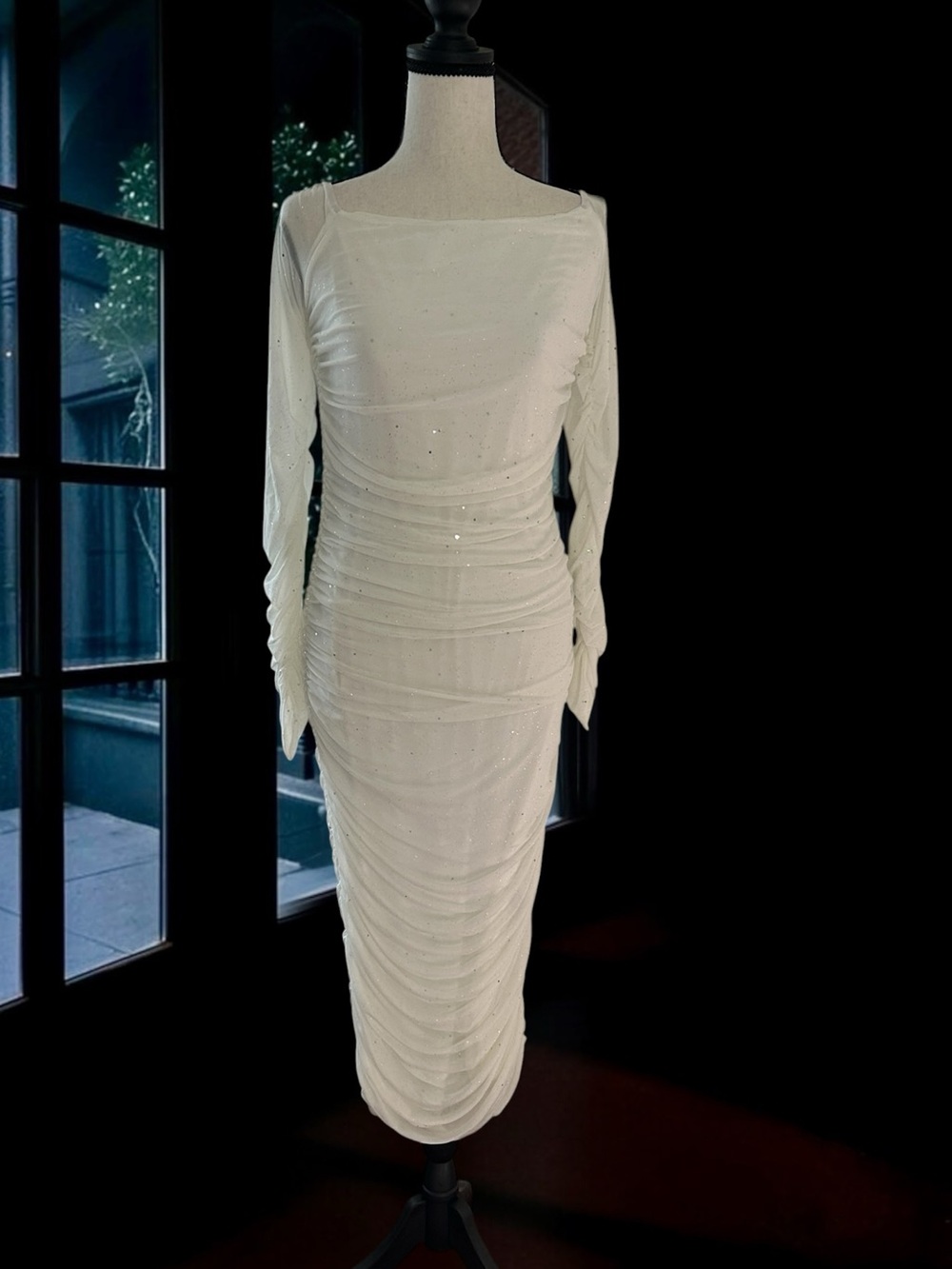 White Iridescent Sparkle Ruched Bodycon Midi Dress with Sheer Mesh Sleeves L
